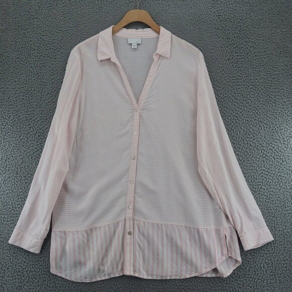 J Jill Top Womens Large Pink Striped Long Sleeve Button Up Collar V Neck Tunic - Picture 1 of 10